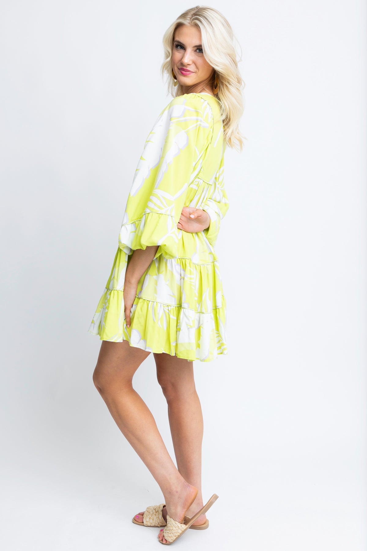 LIME PALM TROPICAL SMOCK TIER DRESS