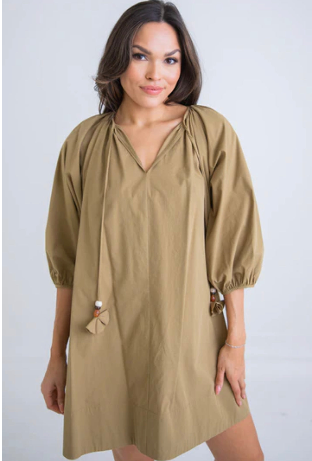 OLIVE VNECK POPLIN SWING DRESS
