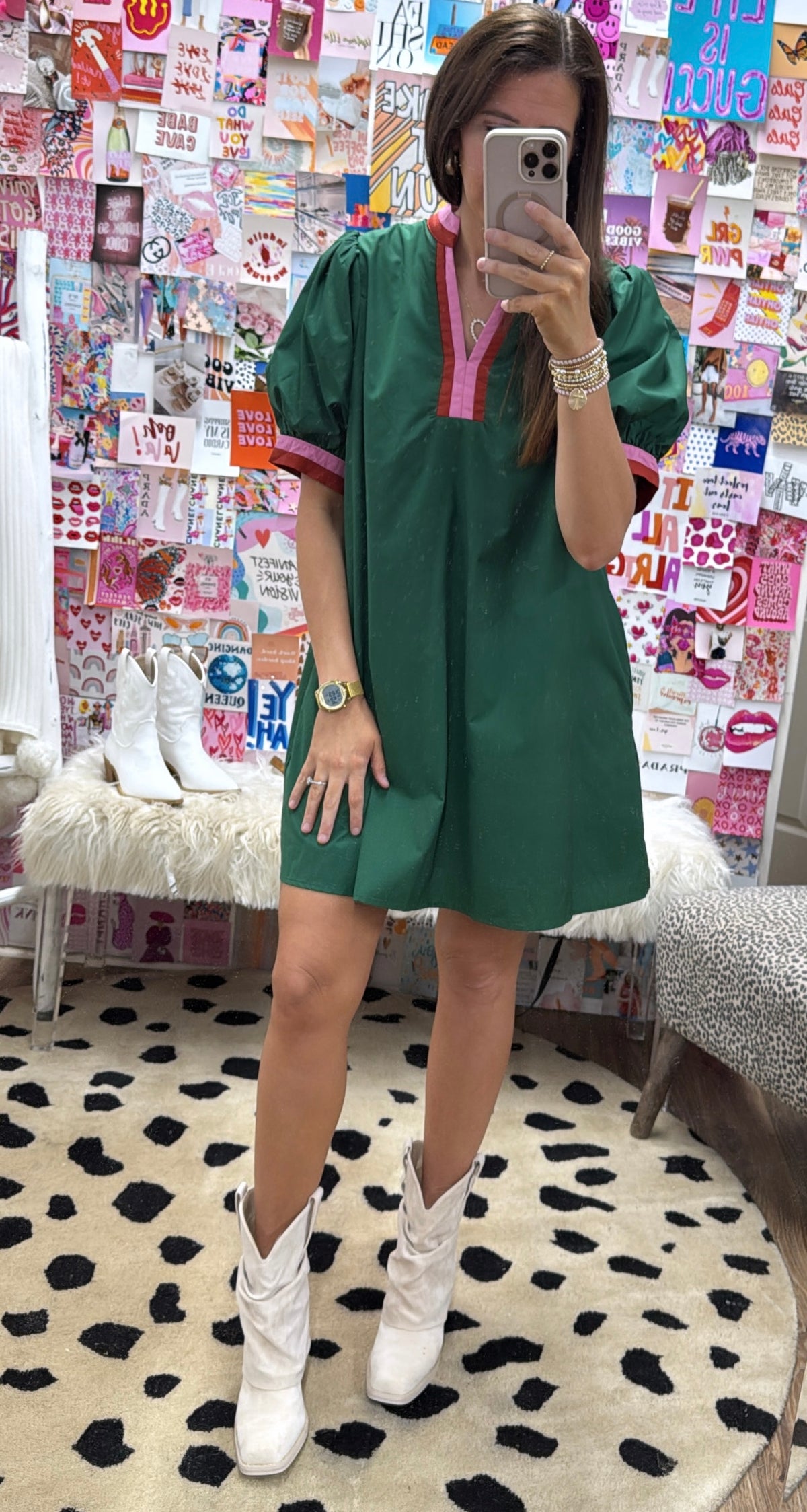 GREEN MULTI COLORED ACCENT DRESS