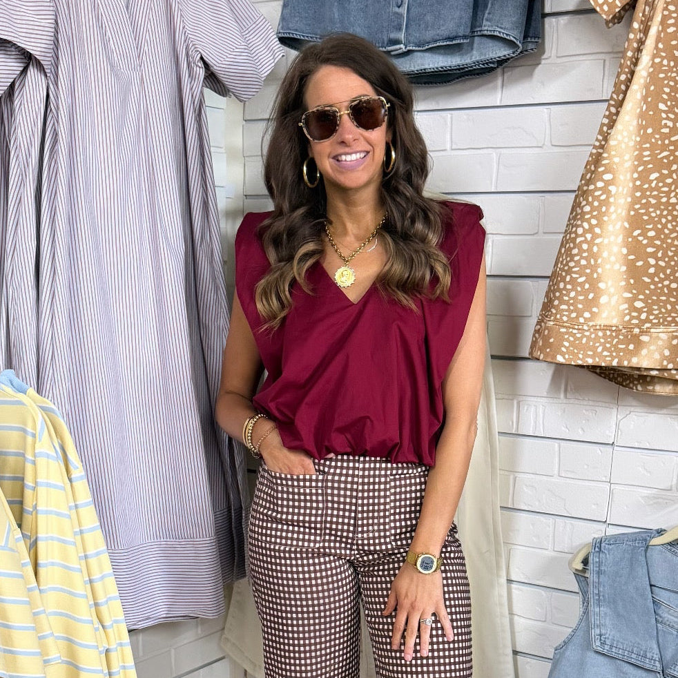 BURGUNDY BUBBLE POPLIN TOP