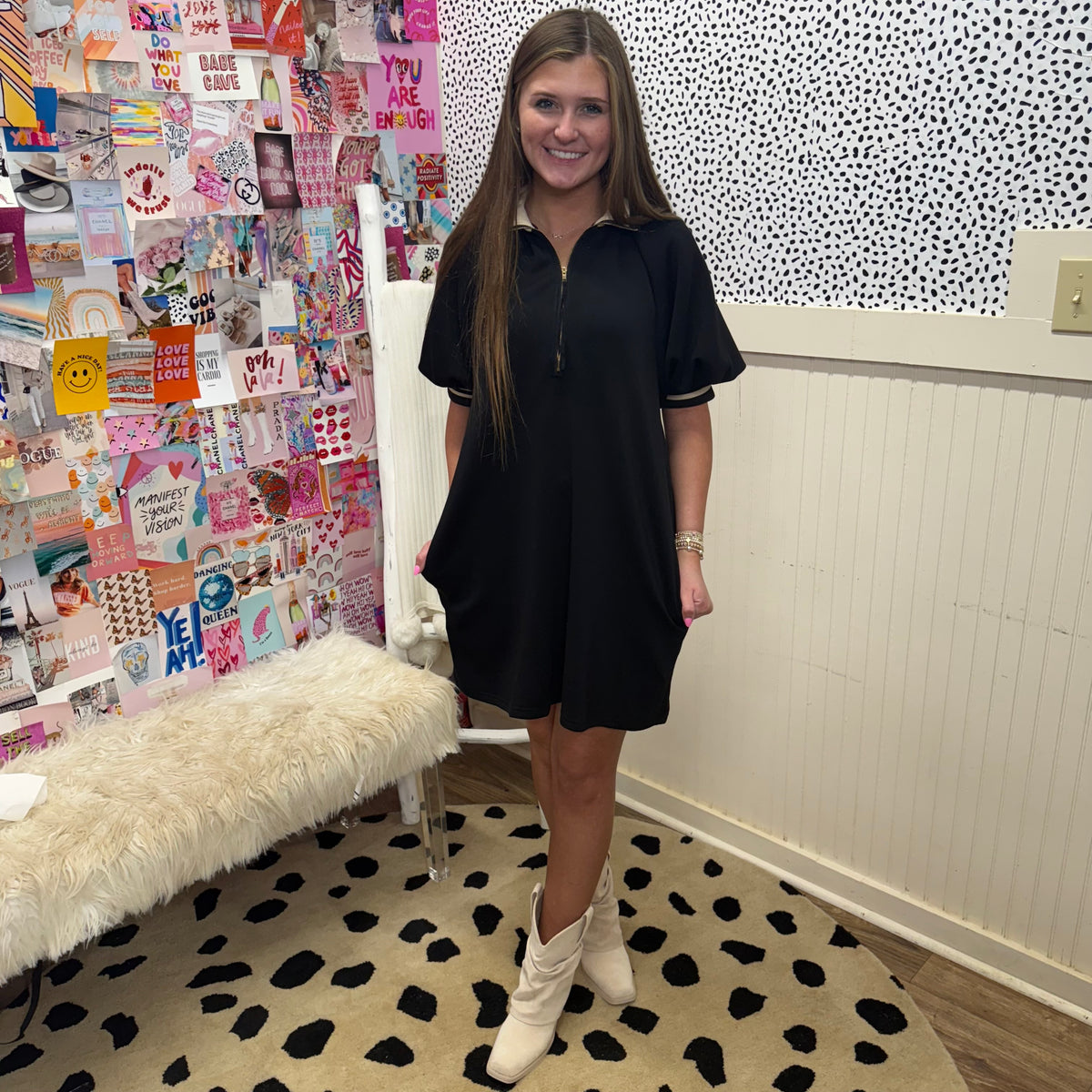 BLACK RIBBED TRIM ZIP DRESS