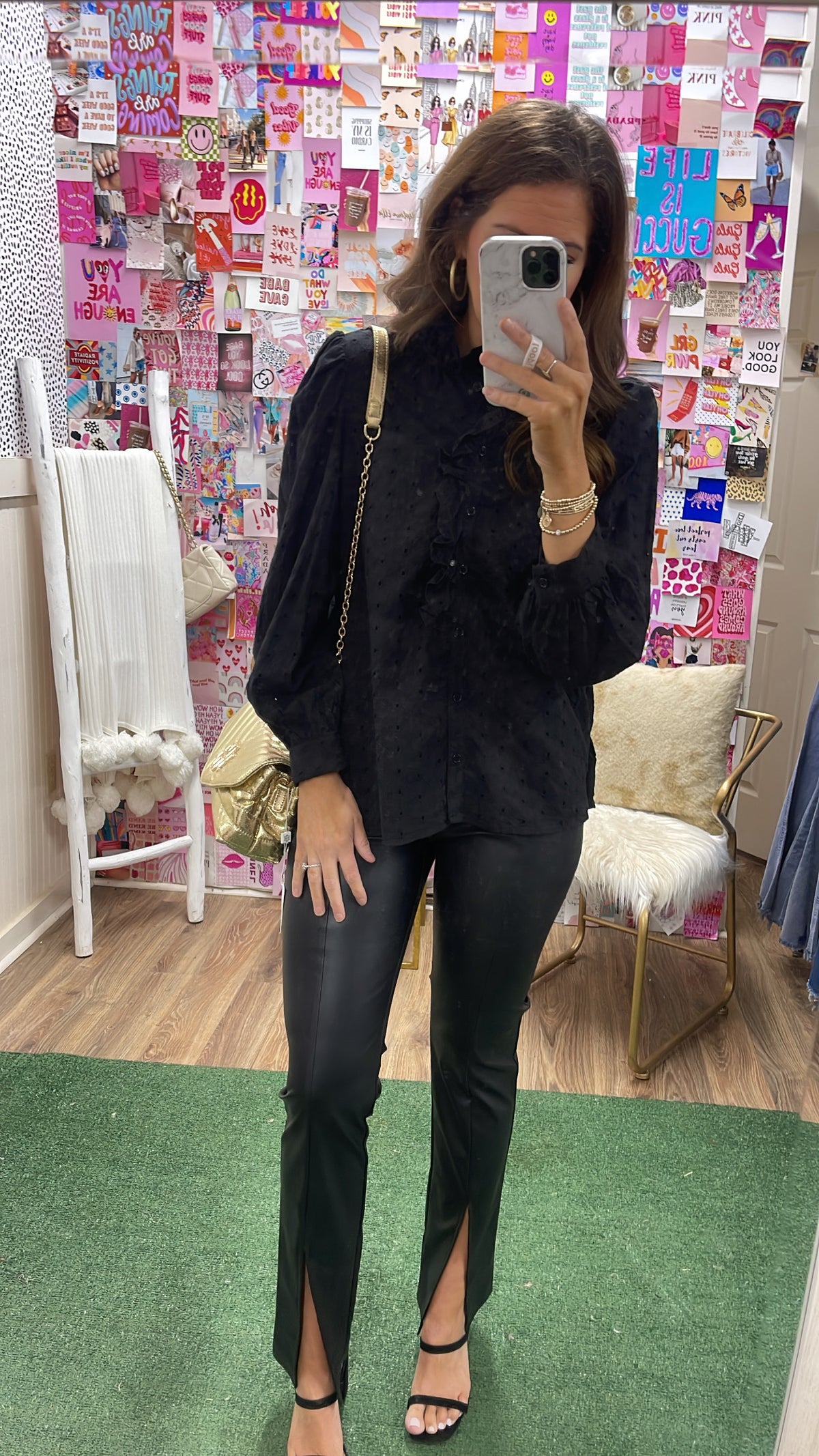 BLACK EYELET RUFFLE BUTTON BLOUSE