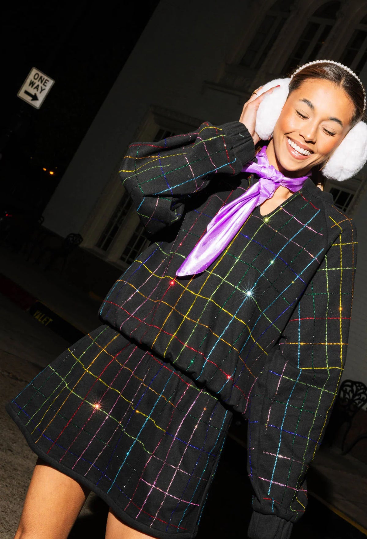 BLACK MULTI RHINESTONE PLAID SWEATSHIRT