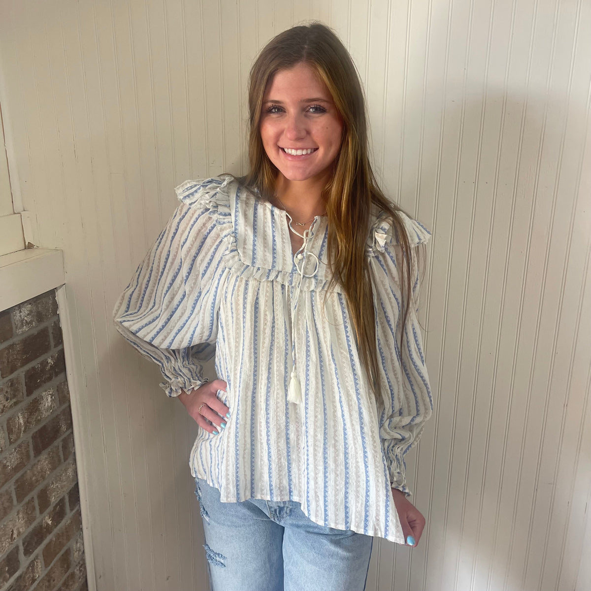 STRIPE NEUTRAL RUFFLE VNECK TOP- FINAL SALE