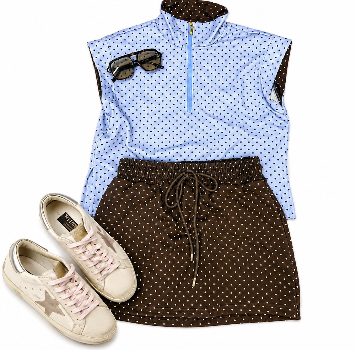 BROWN & BLUE POLKA DOT SKORT SET