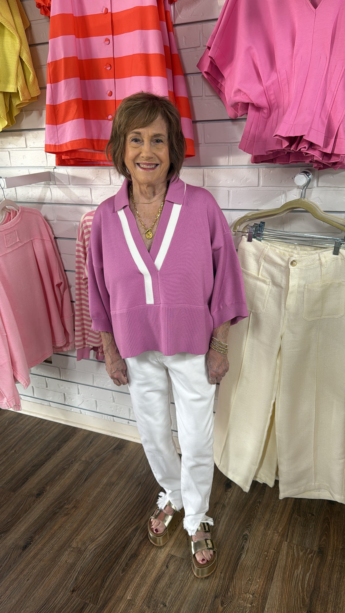 PINK IVORY CONTRAST COLLAR TOP