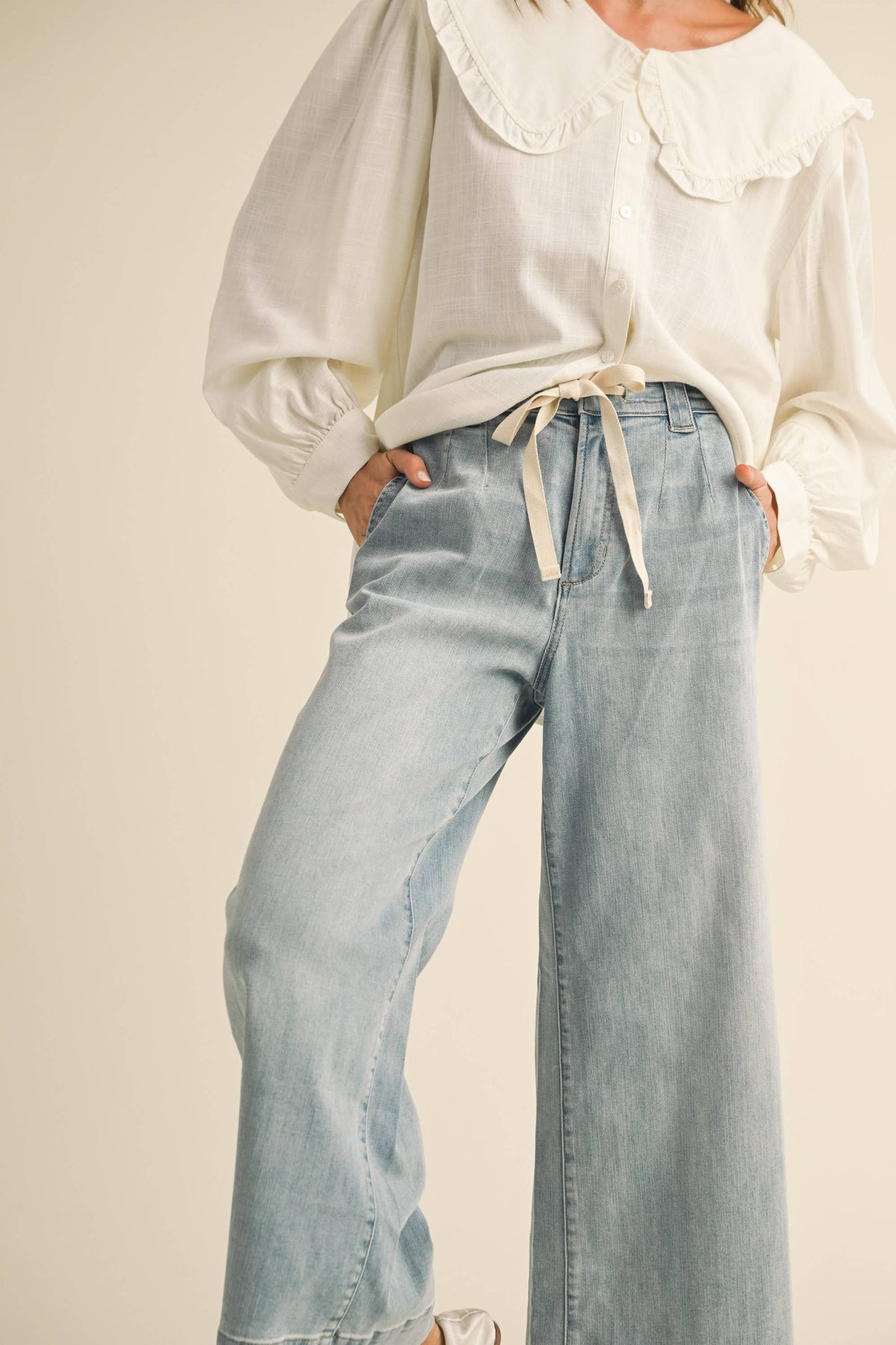 DENIM WASHED TIE FRONT