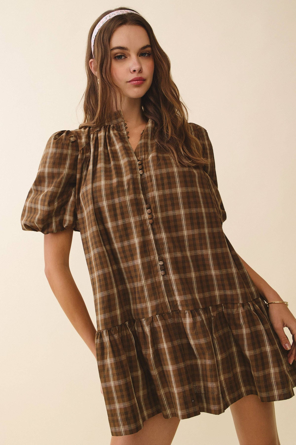 BROWN RUFFLE PLAID DRESS