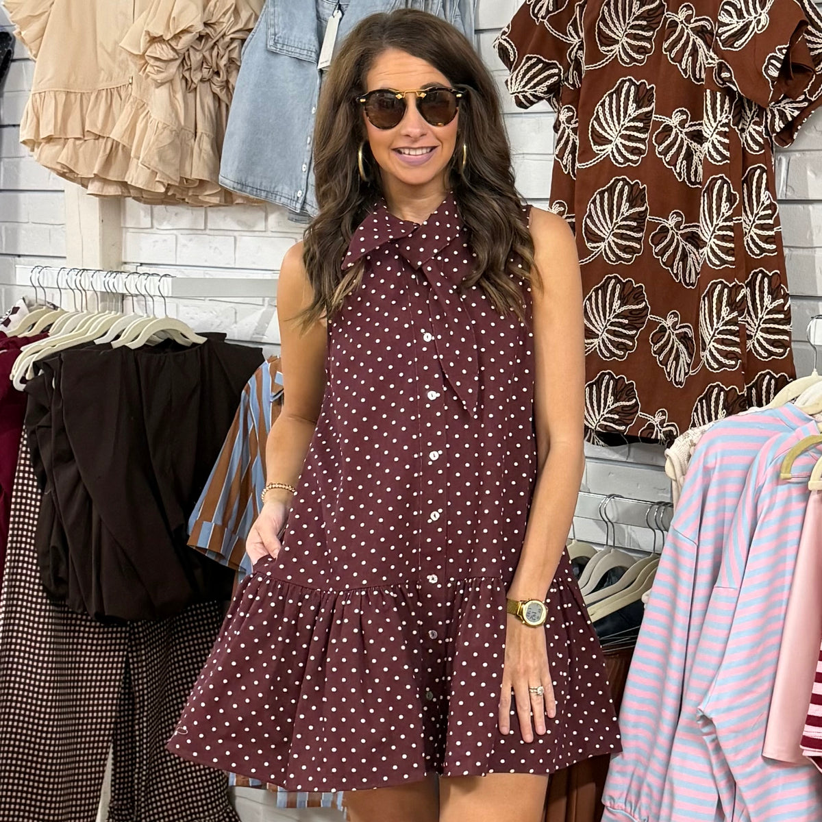 BURGUNDY POLKADOT RUFFLE DENIM DRESS