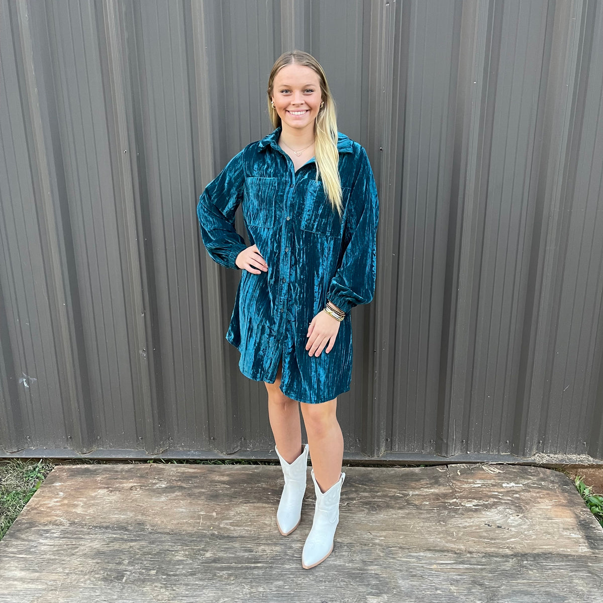 TEAL TEXTURED VELVET DRESS