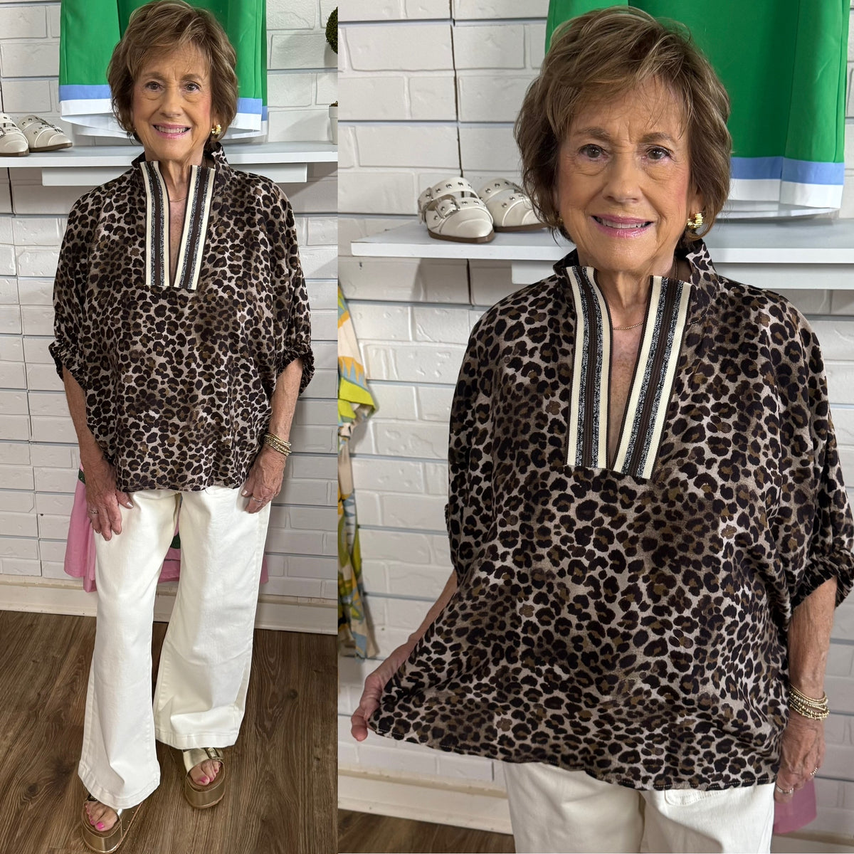BROWN LEOPARD ELASTIC SLV TOP