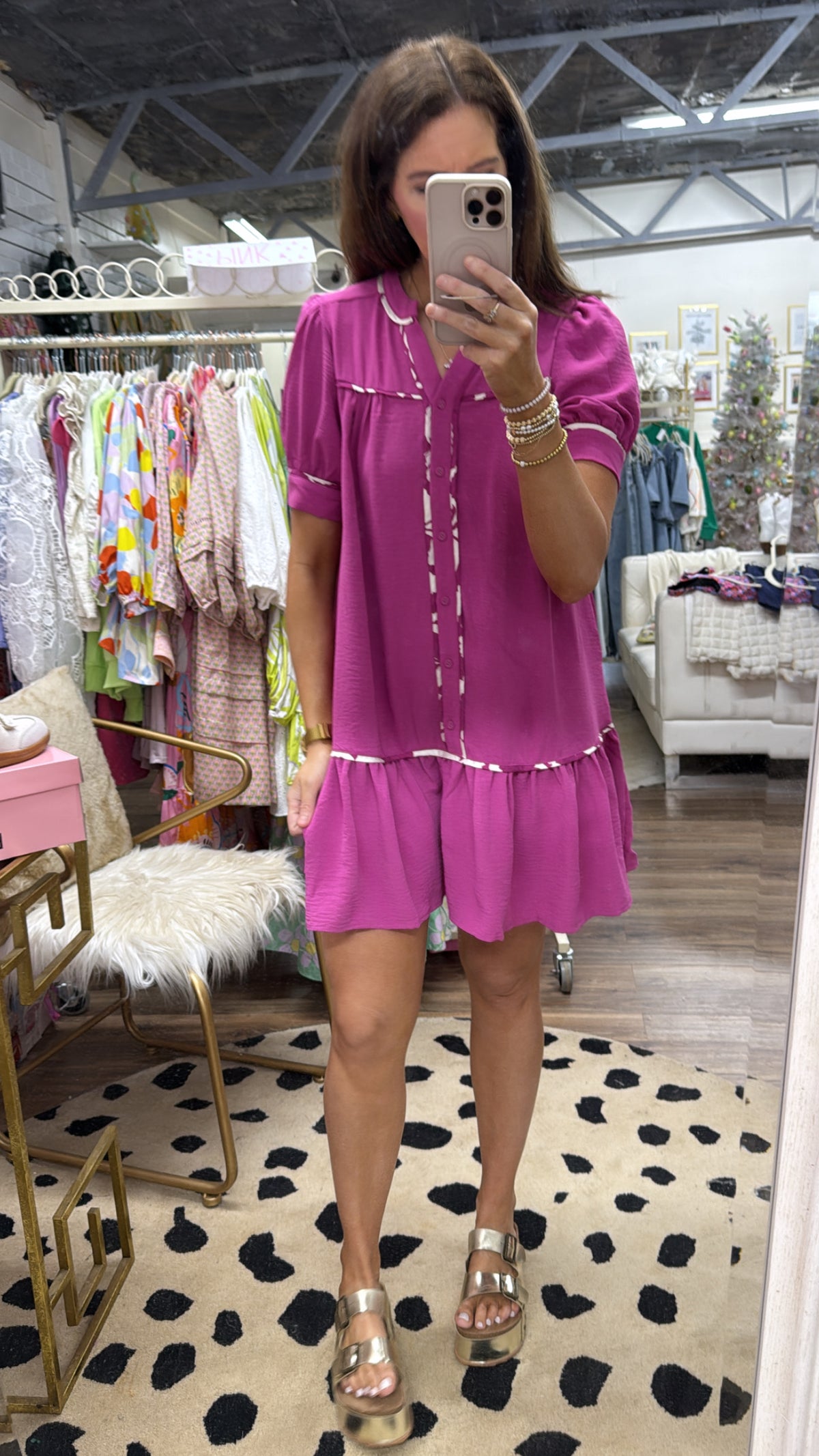 MAGENTA PIPING RUFFLE POCKET DRESS