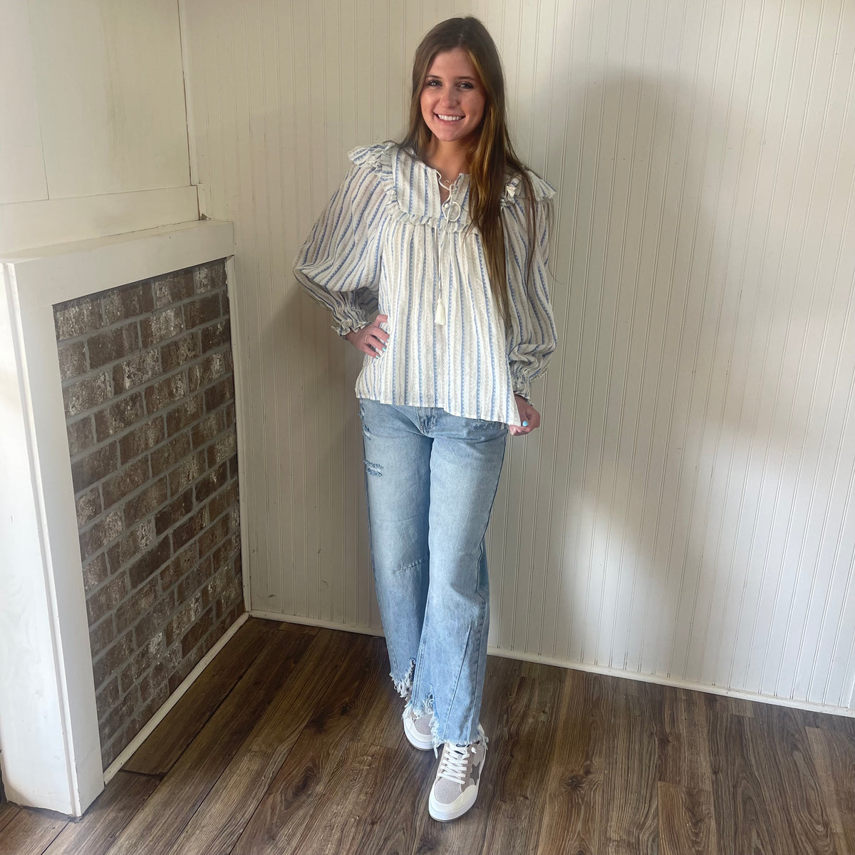 STRIPE NEUTRAL RUFFLE VNECK TOP- FINAL SALE