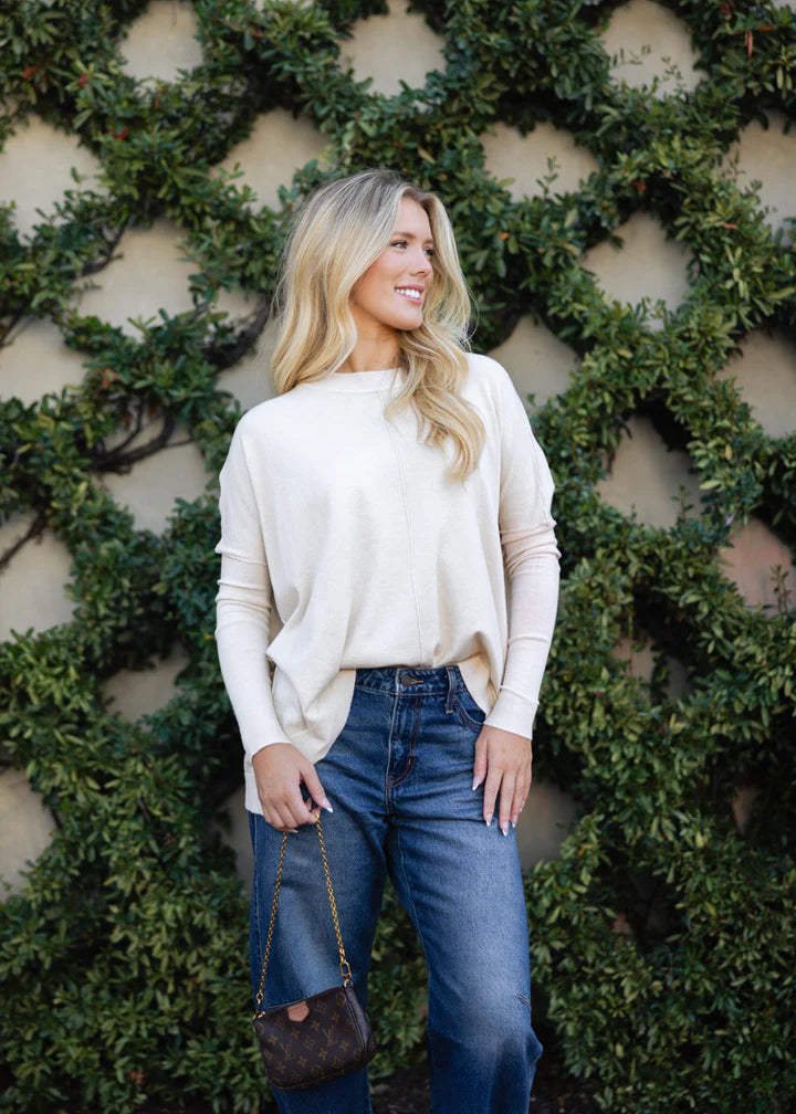 OATMEAL NOVELTY CASHMERE BLEND SWEATER