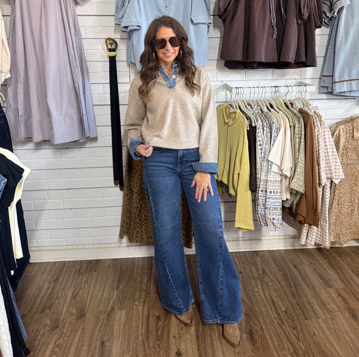 OATMEAL DENIM CONTRAST SWEATER