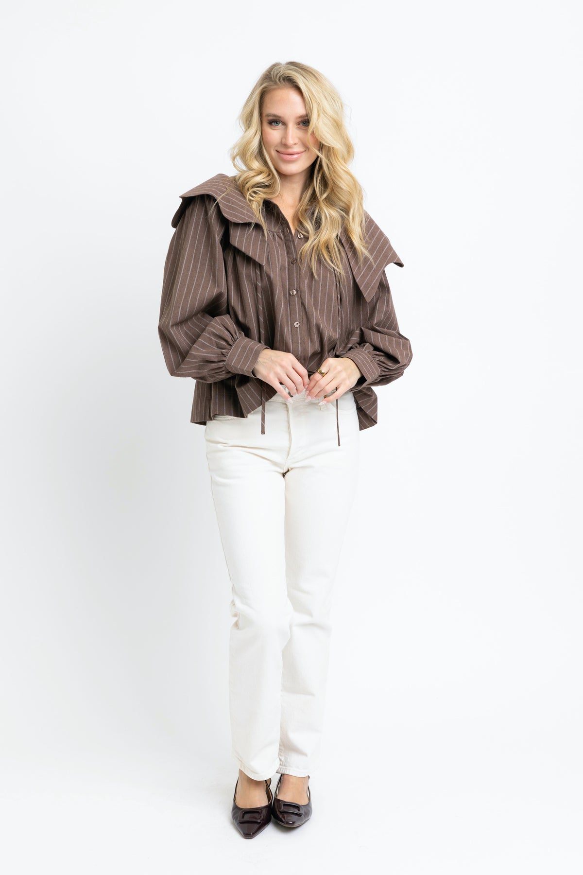 BROWN STRIPE PETER PAN COLLAR TOP