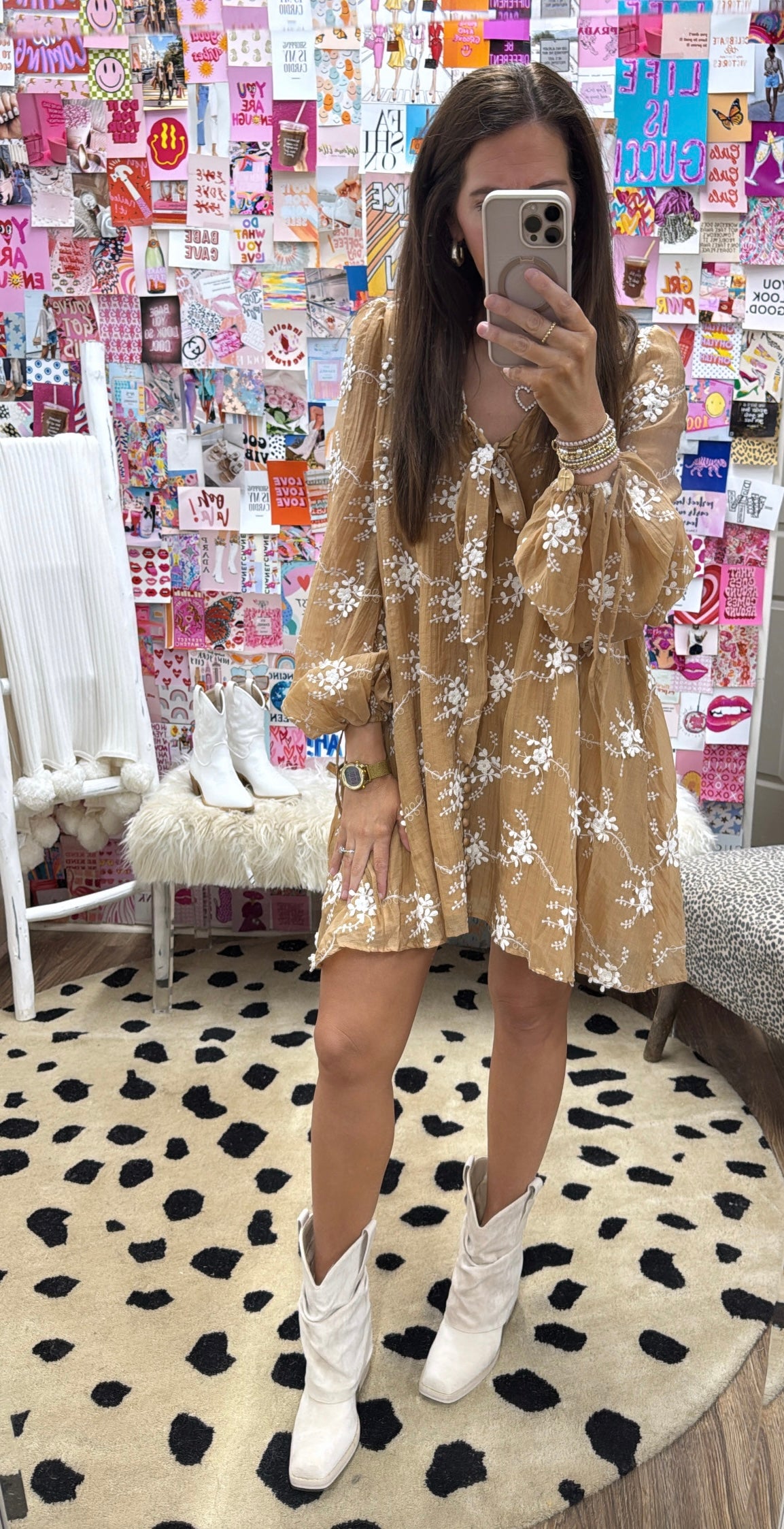 MOCHA EMBROIDERED LONG SLV DRESS