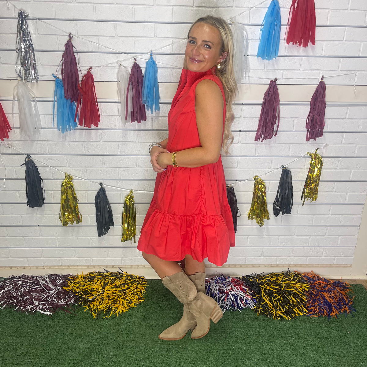 RED POPLIN TIER DRESS