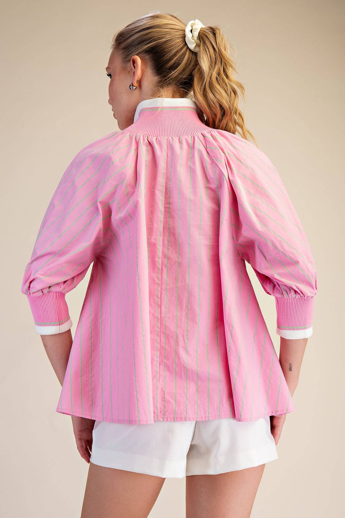 PINK MOCK NECK PUFF SLV TOP