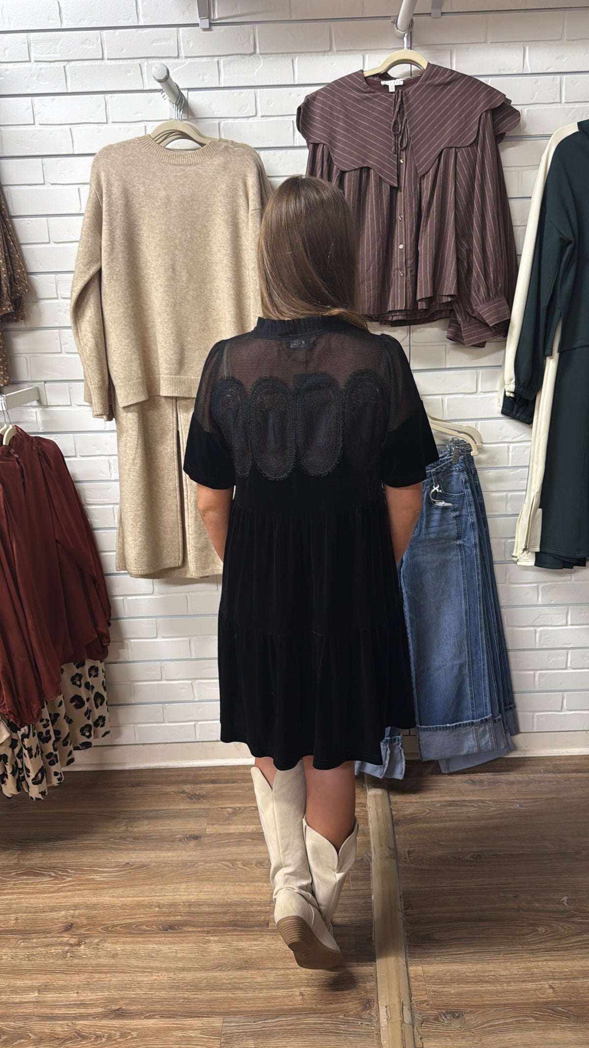 BLACK VELVET MESH LACE DRESS