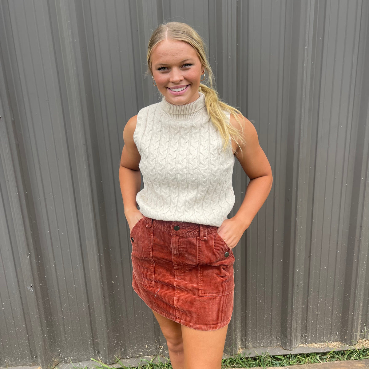 RUST CORDUROY MINI SKIRT