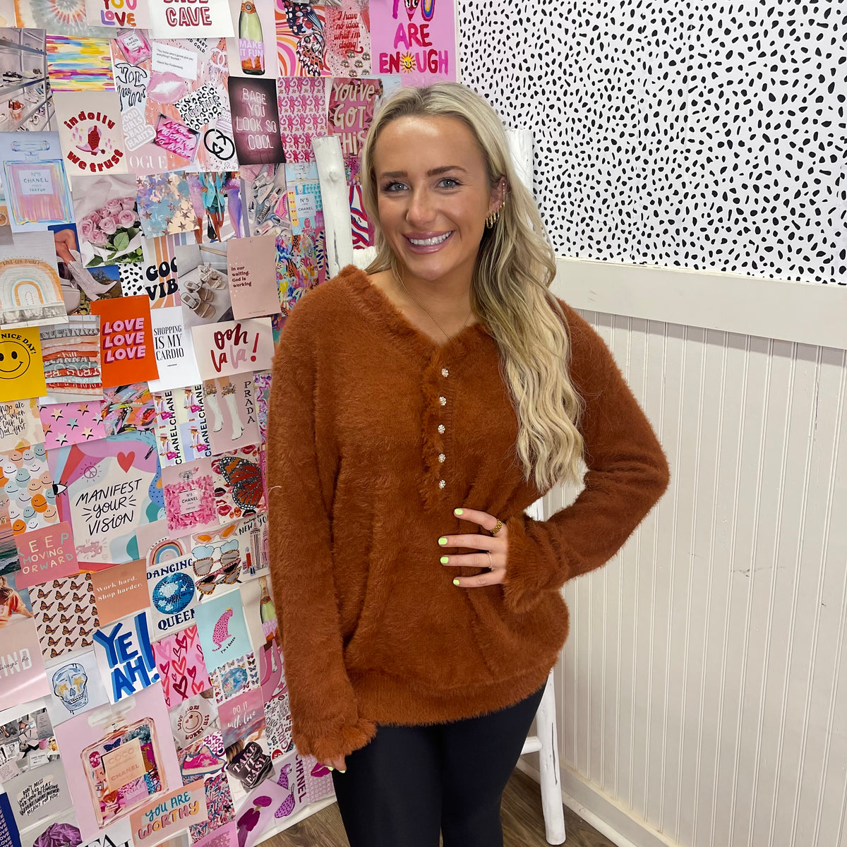 COGNAC RHINESTONE BUTTON SWEATER