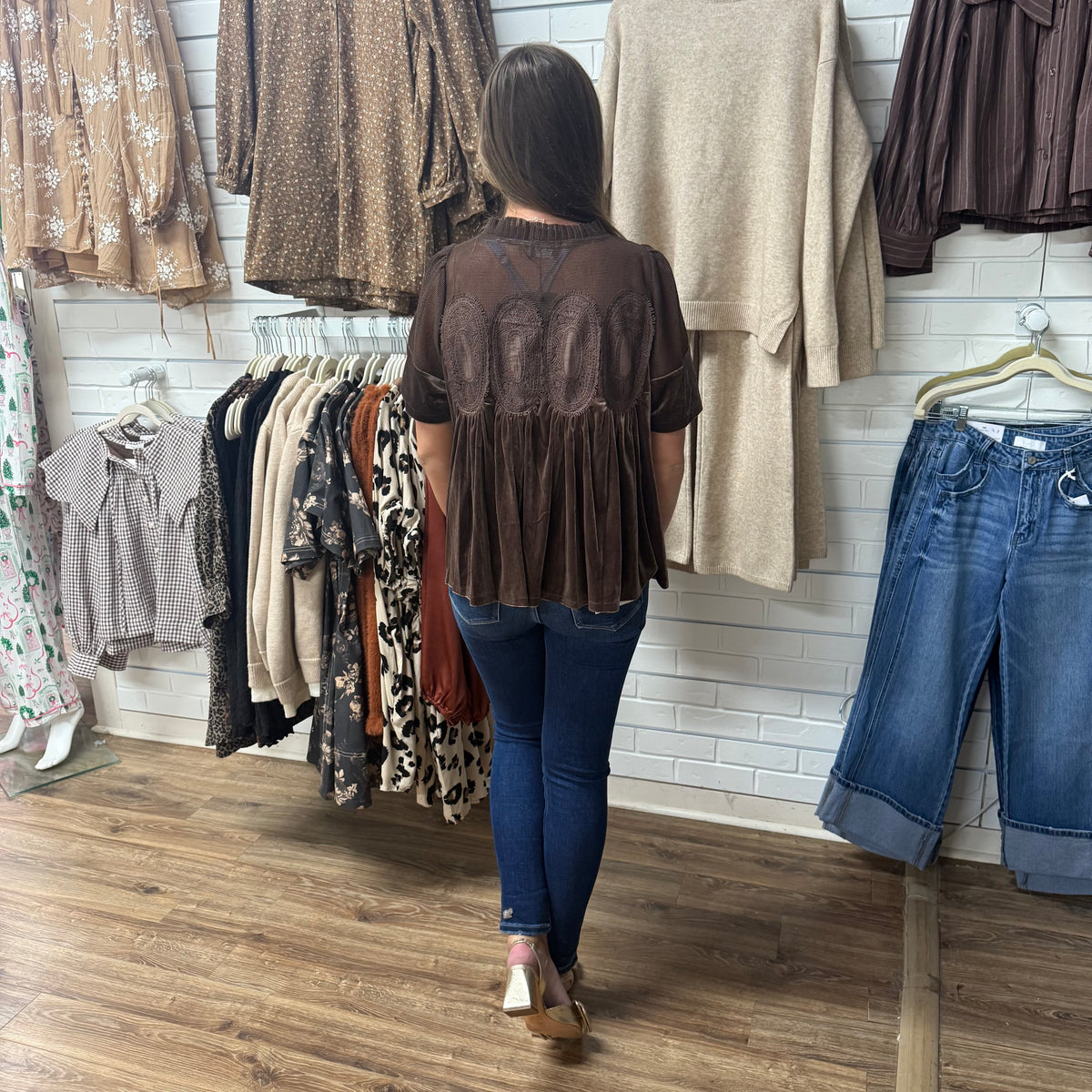 BROWN VELVET LACE BABYDOLL TOP