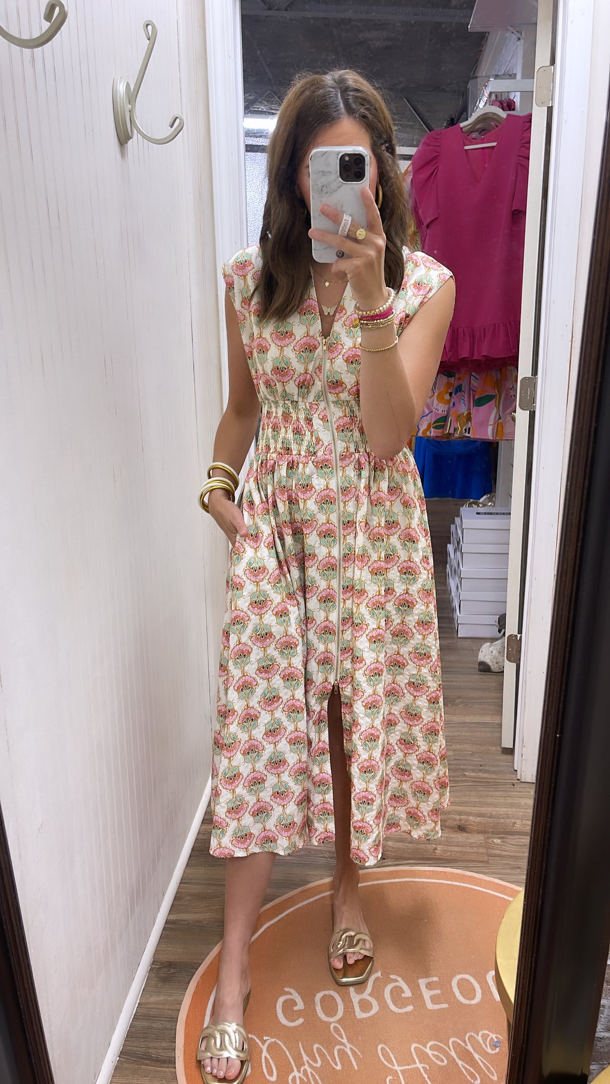 CREAM PRINTED VNECK MIDI