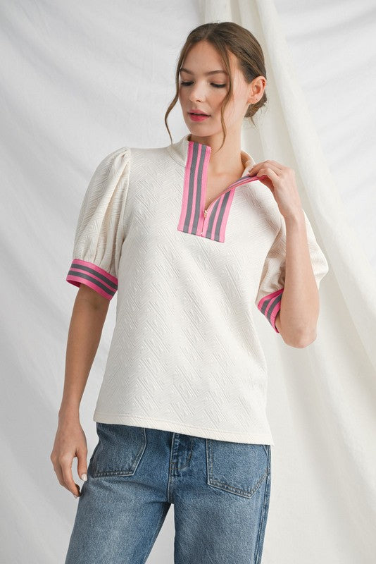 IVORY TEXTURE PINK STRIPE HALF ZIP TOP