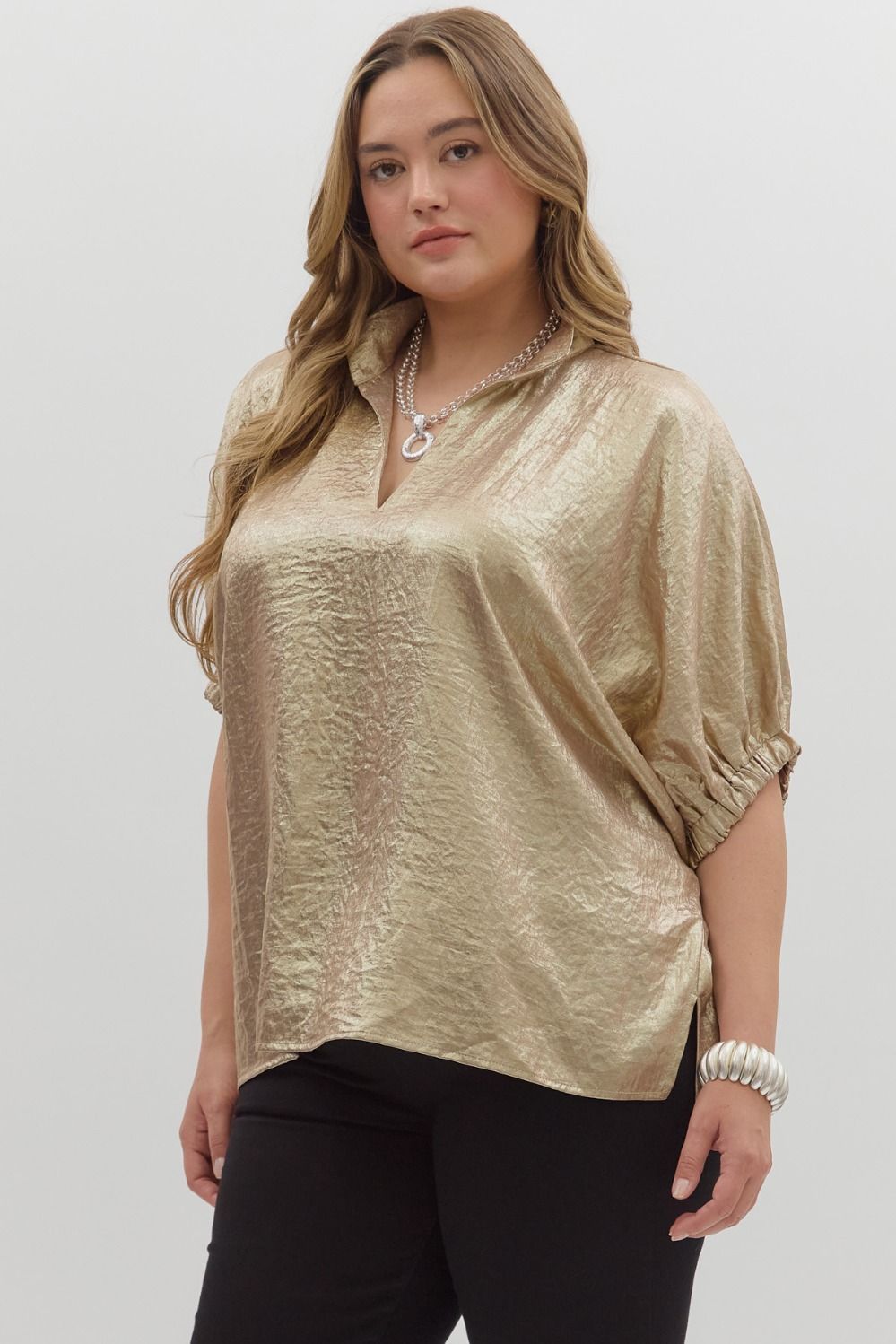 GOLD METALLIC VNECK DOLMAN SLV TOP