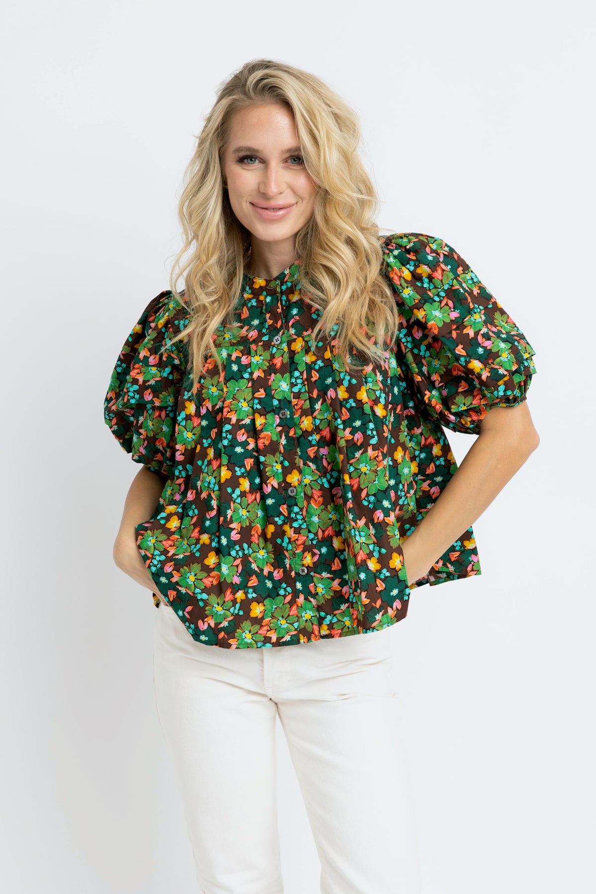 BROWN FLORAL PLEAT TOP