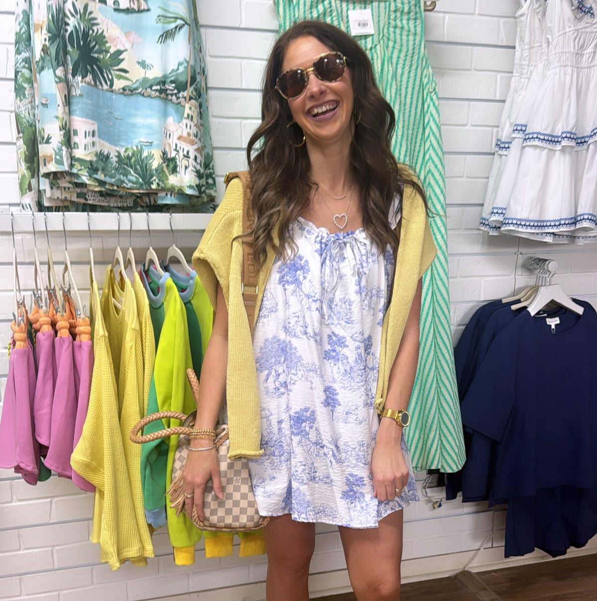 WHITE BLUE PRINTED RUFFLE TIE DRESS