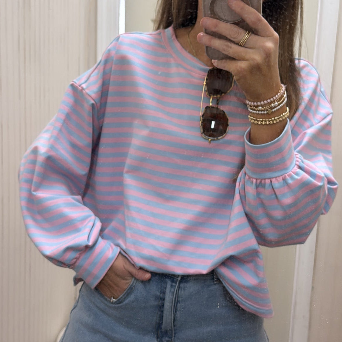 OVERSIZED PINK BLUE STRIPE CROP SHIRT