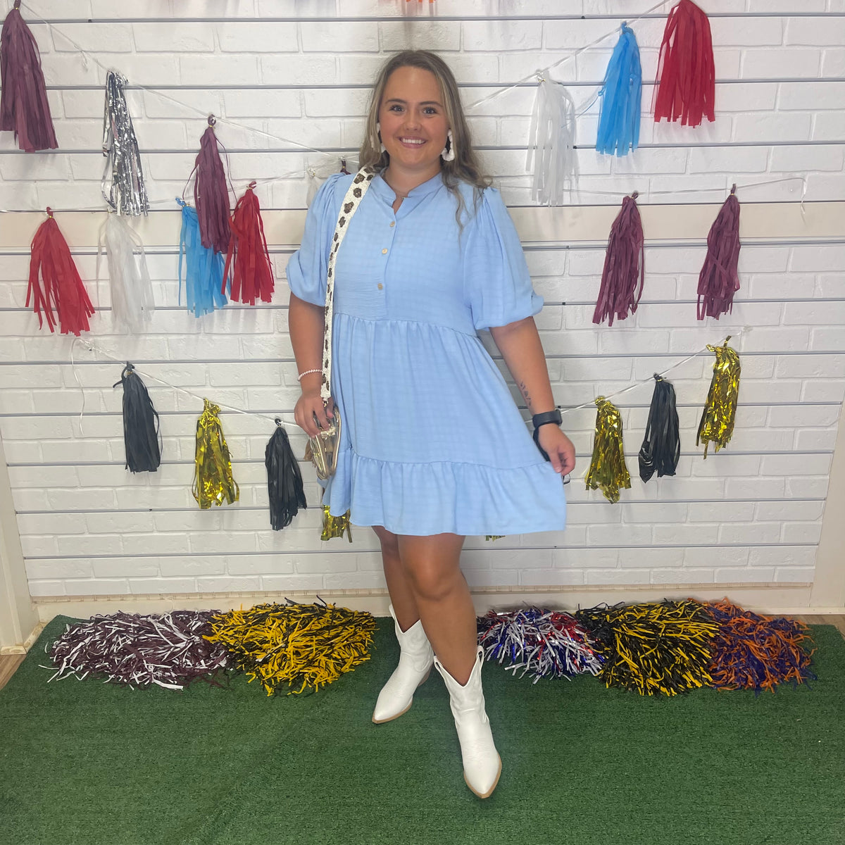 SKY BLUE TIER BUTTON DRESS