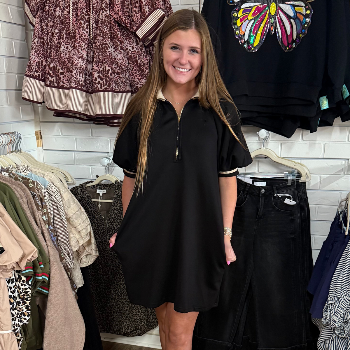 BLACK RIBBED TRIM ZIP DRESS