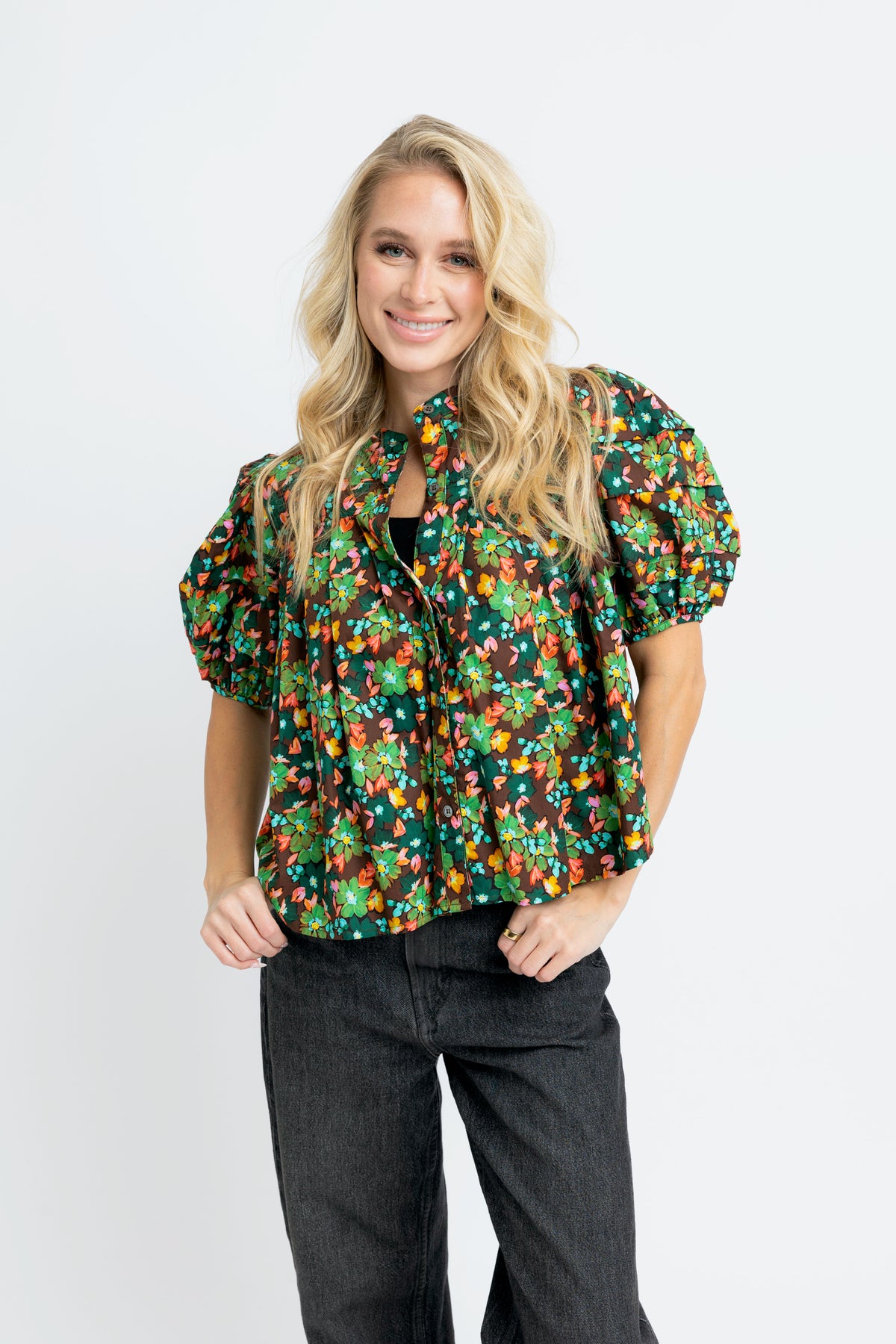 BROWN FLORAL PLEAT TOP