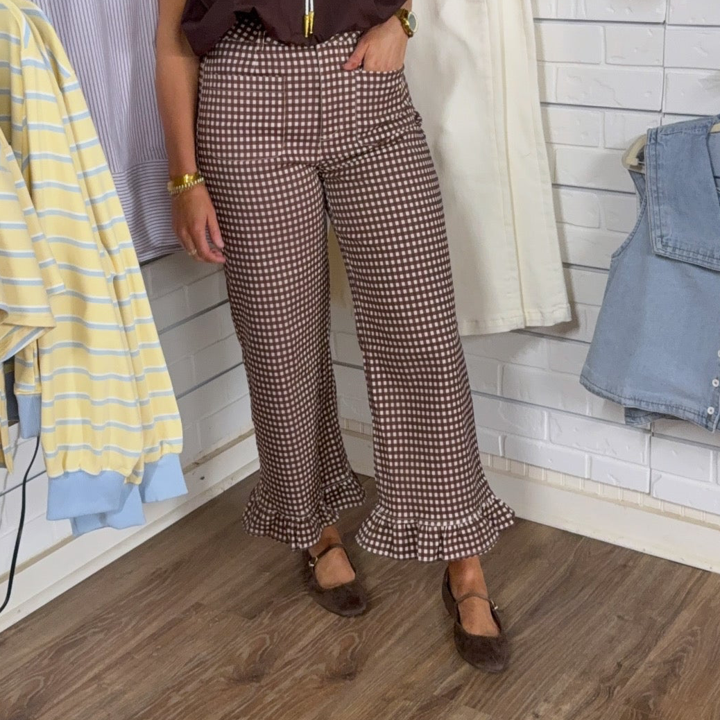 BROWN GINGHAM RUFFLE PANT