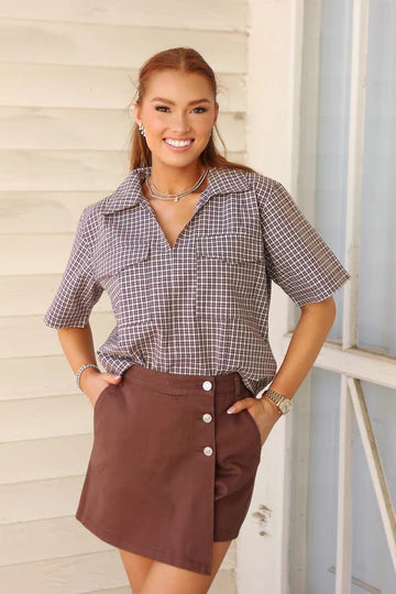 BROWN DENIM WRAP SKORT