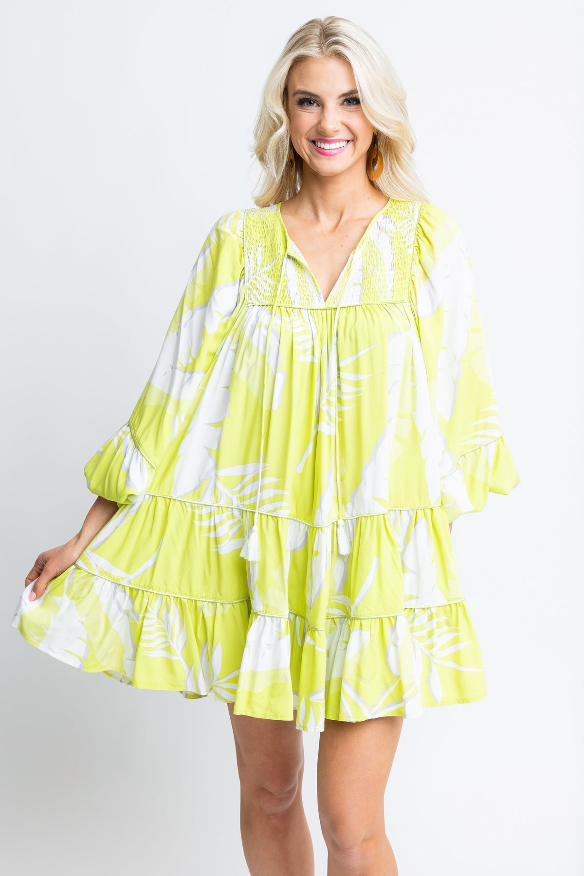 LIME PALM TROPICAL SMOCK TIER DRESS