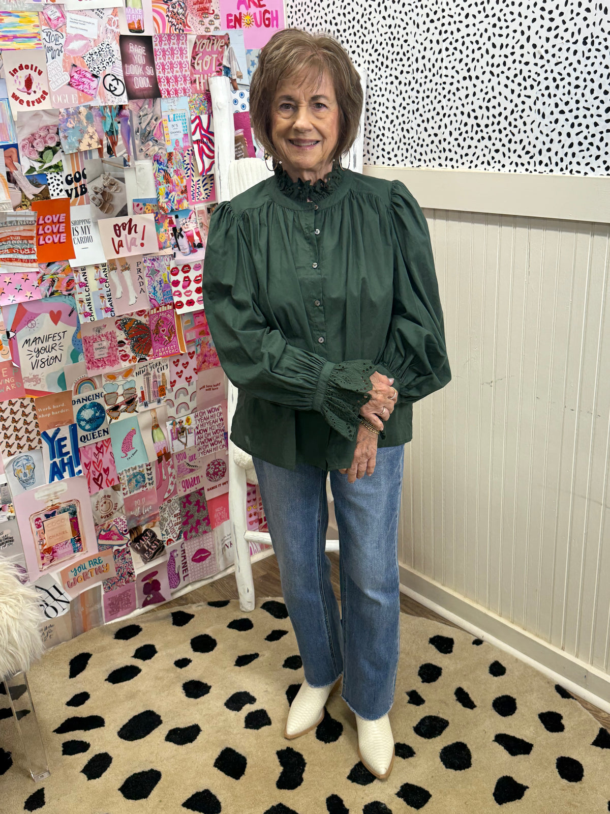 OLIVE RUFFLE EYELET BUTTON TOP