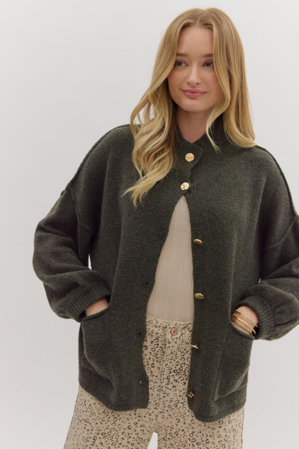 OLIVE GOLD BUTTON KNIT CARDIGAN