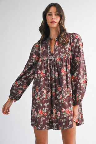 BROWN FLORAL LONG SLV MINI DRESS