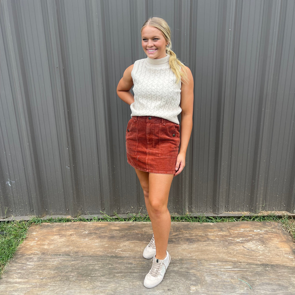 RUST CORDUROY MINI SKIRT