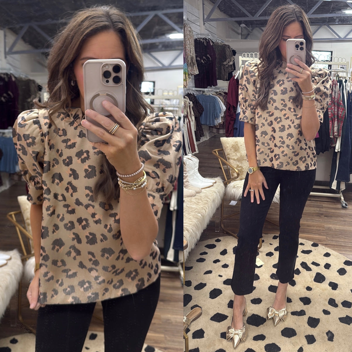 GOLD LEOPARD BUTTON BACK PUFF SLV