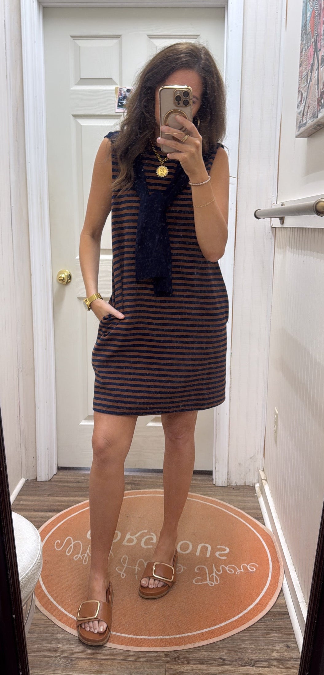 BROWN NAVY STRIPE SWEATER OVERLAY DRESS