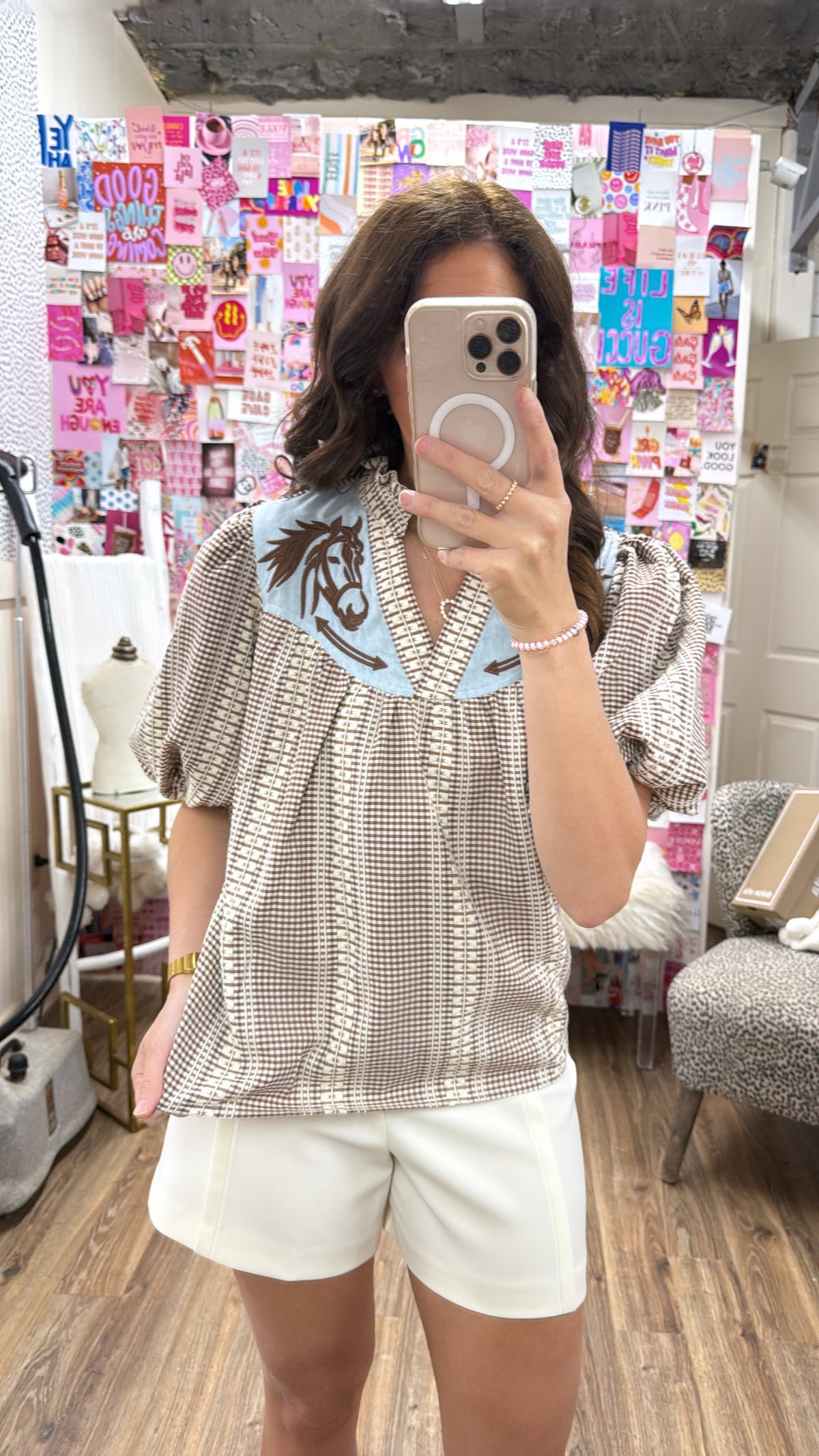EMBROIDERED GINGHAM PUFF SLV TOP