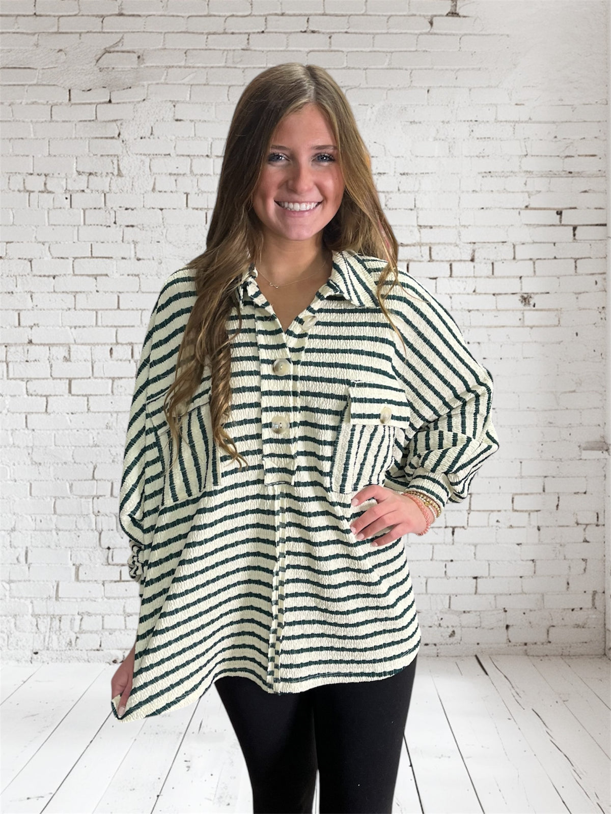 GREEN STRIPED COLLARED BUTTON POCKET TOP