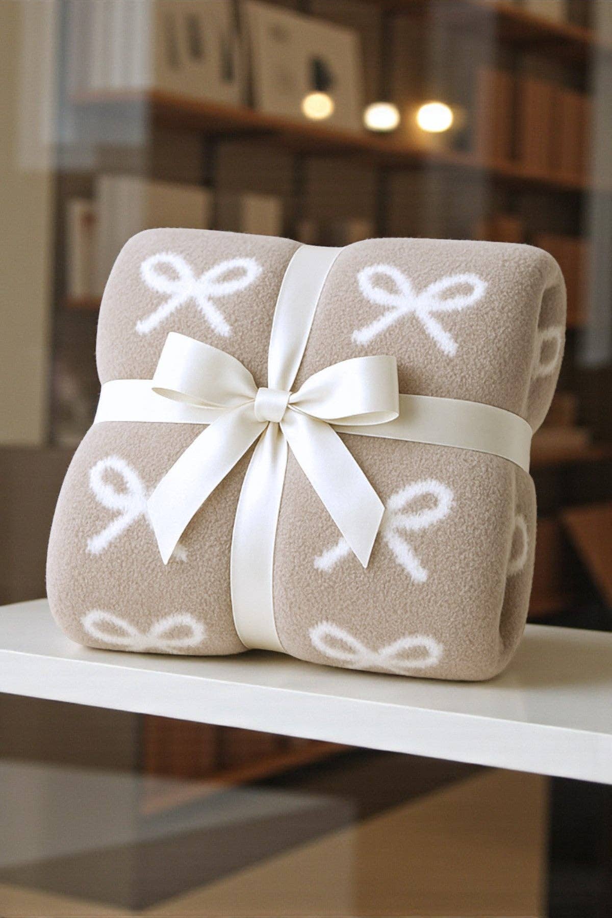 Taupe and Cream Bow Luxury Blanket