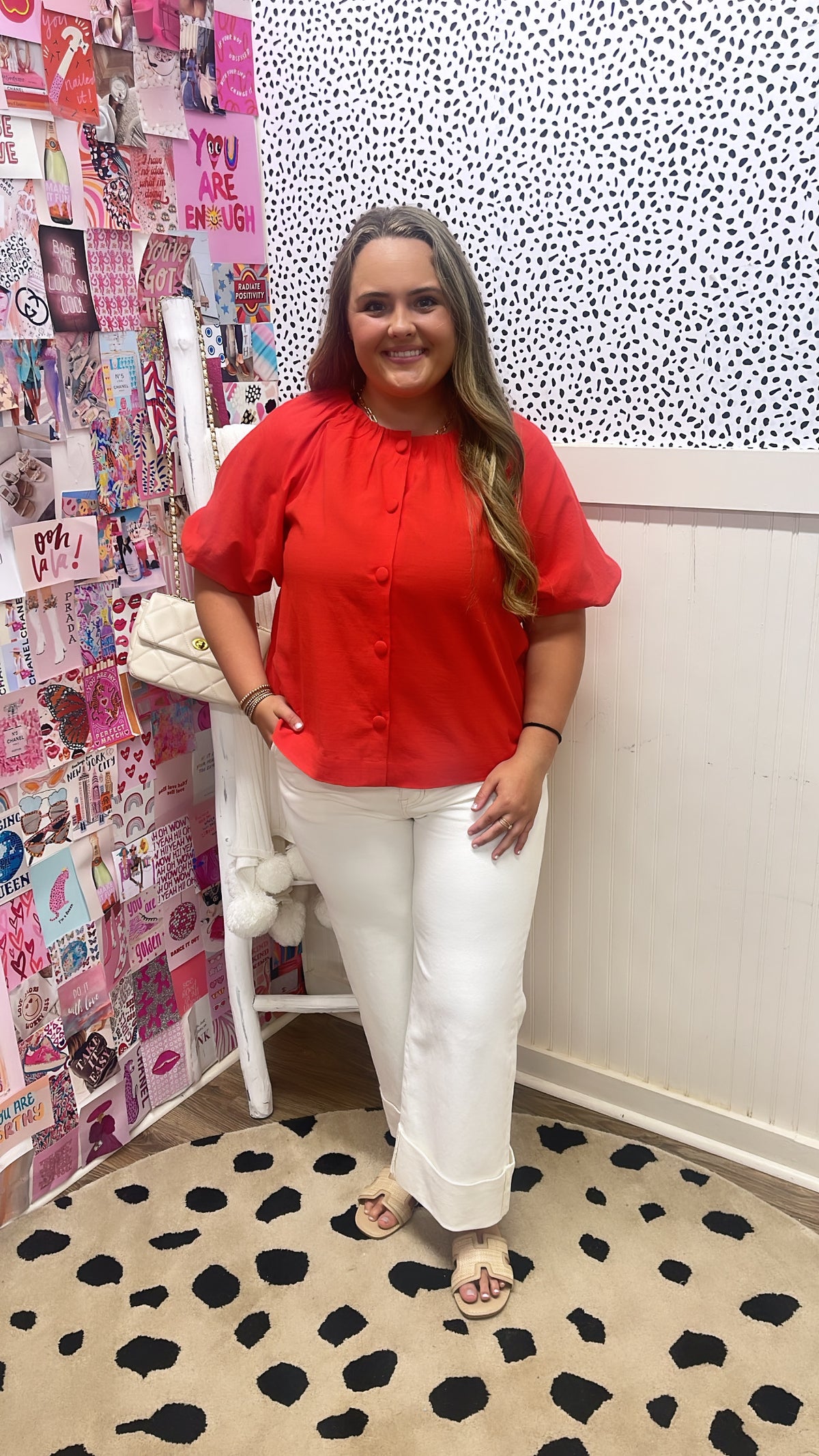 RED BUTTON FRONT BALLON SLV TOP