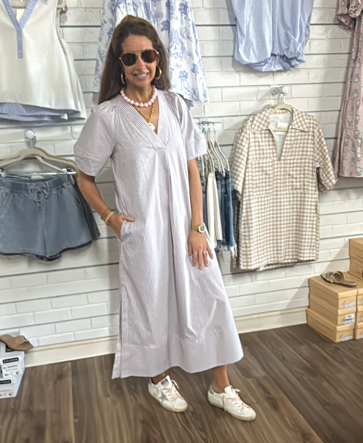 BROWN STRIPE POPLIN SIGNATURE MAXI